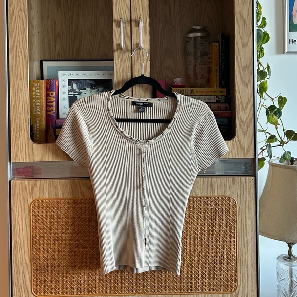 intage August Silk Beige Ribbed Knit Short Sleeve Top XL 90s Y2K - Picture 1 of 4